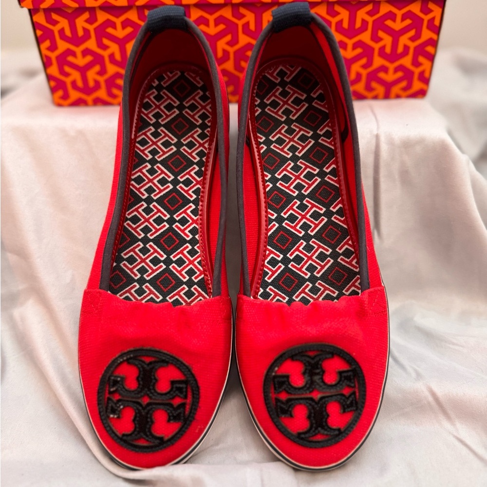Tory Burch Red and Navy Canvas Slip-On Sneaker